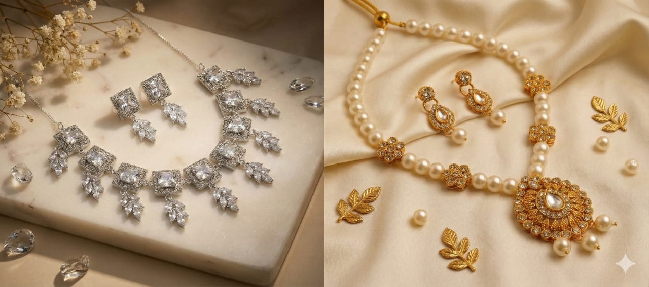 Women’s Artificial Jewellery Combo – Square Stone & Pearl Floral Necklace Set Online@250